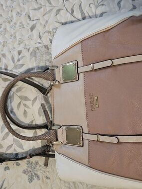 GUESS Blush, Cream & White Colorblock Tote with Gold Accents